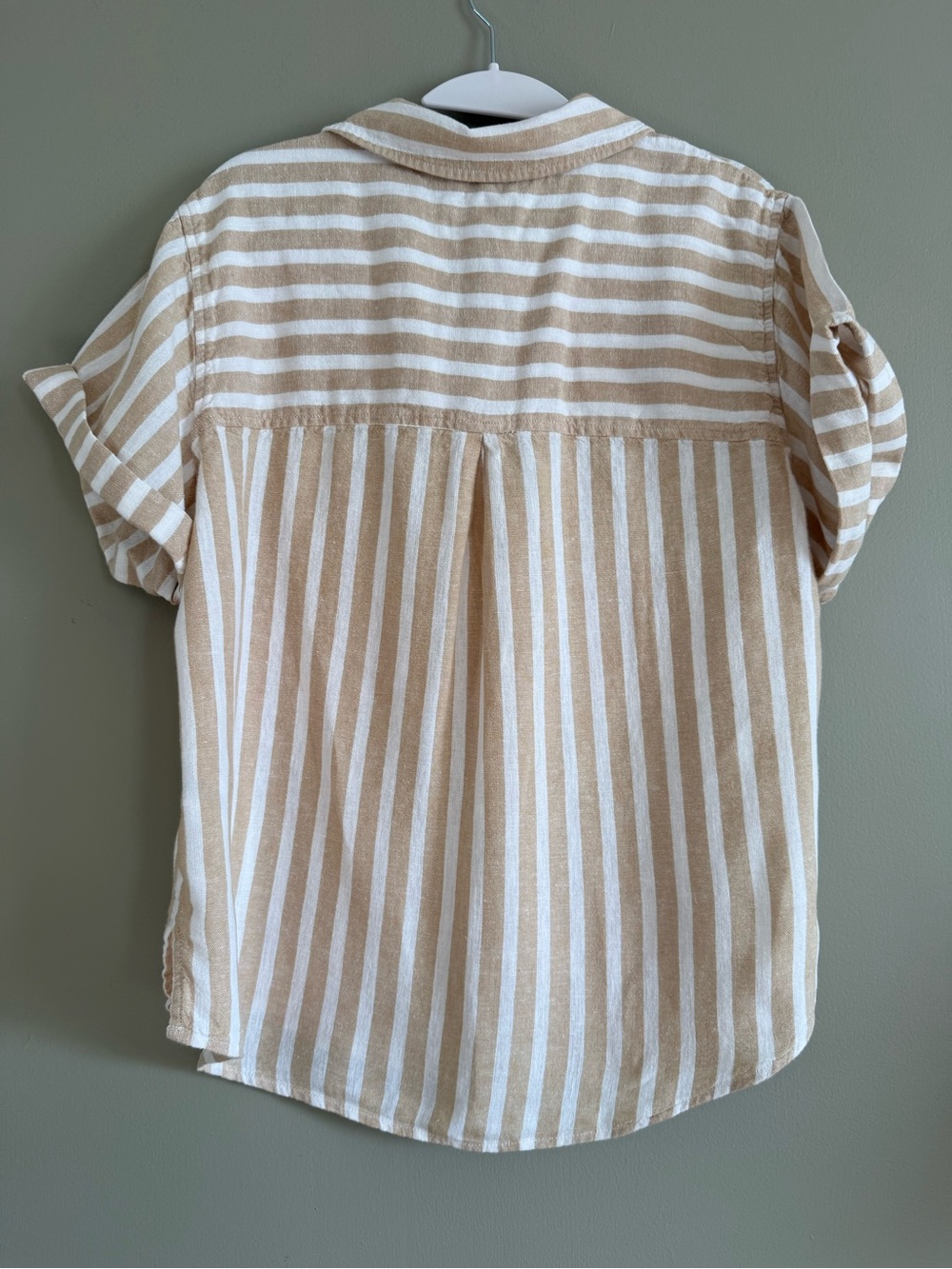 Universal Thread Linen Blend Tan White Striped Button Down Shirt Size M - Picture 2 of 7